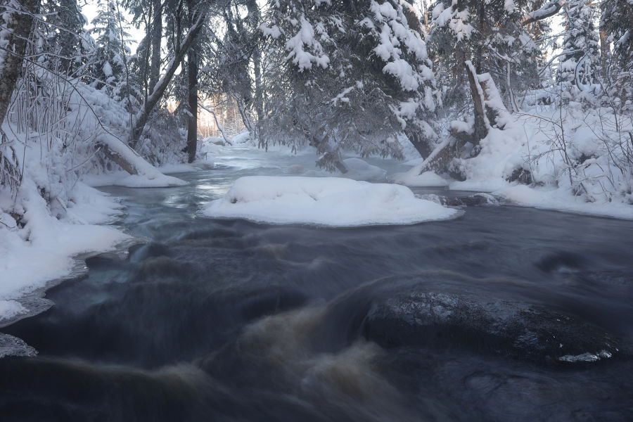Pitkä valoitus lumisen metsän peitossa olevasta joesta